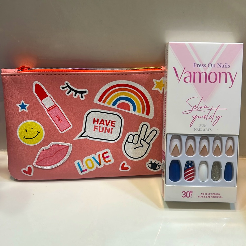 Vamony press on patriotic nails with Pink Ipsy makeup Pouch